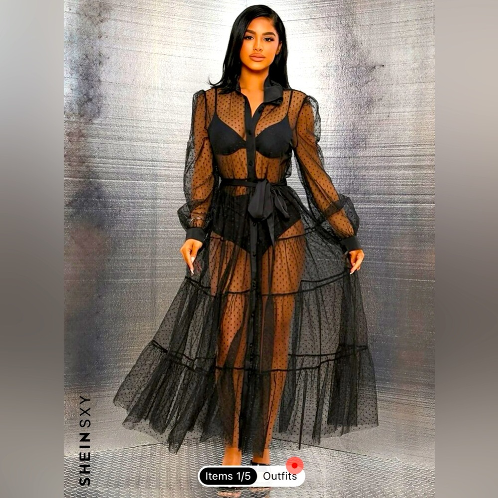 SHEIN Dobby Mesh Dress Without Underwear Swiss Dot Sheer Maxi